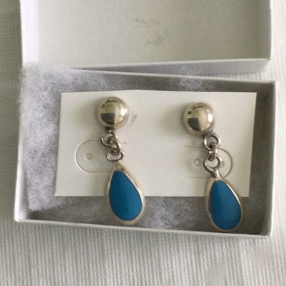 Tear Drop Turquoise Stone Sliver marked 925 Pierced Earrings  #5 - Picture 2 of 5